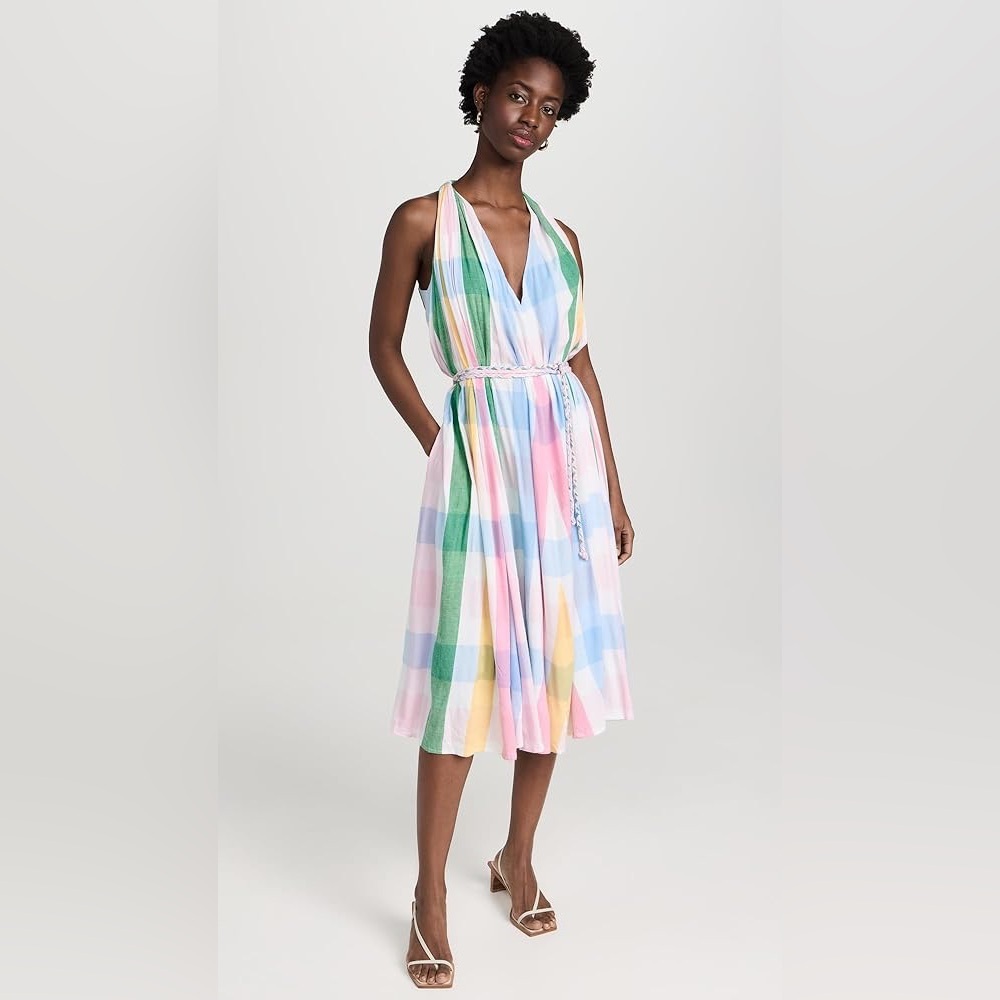 Pastel Multi-Stripe V-Neck Midi Dress